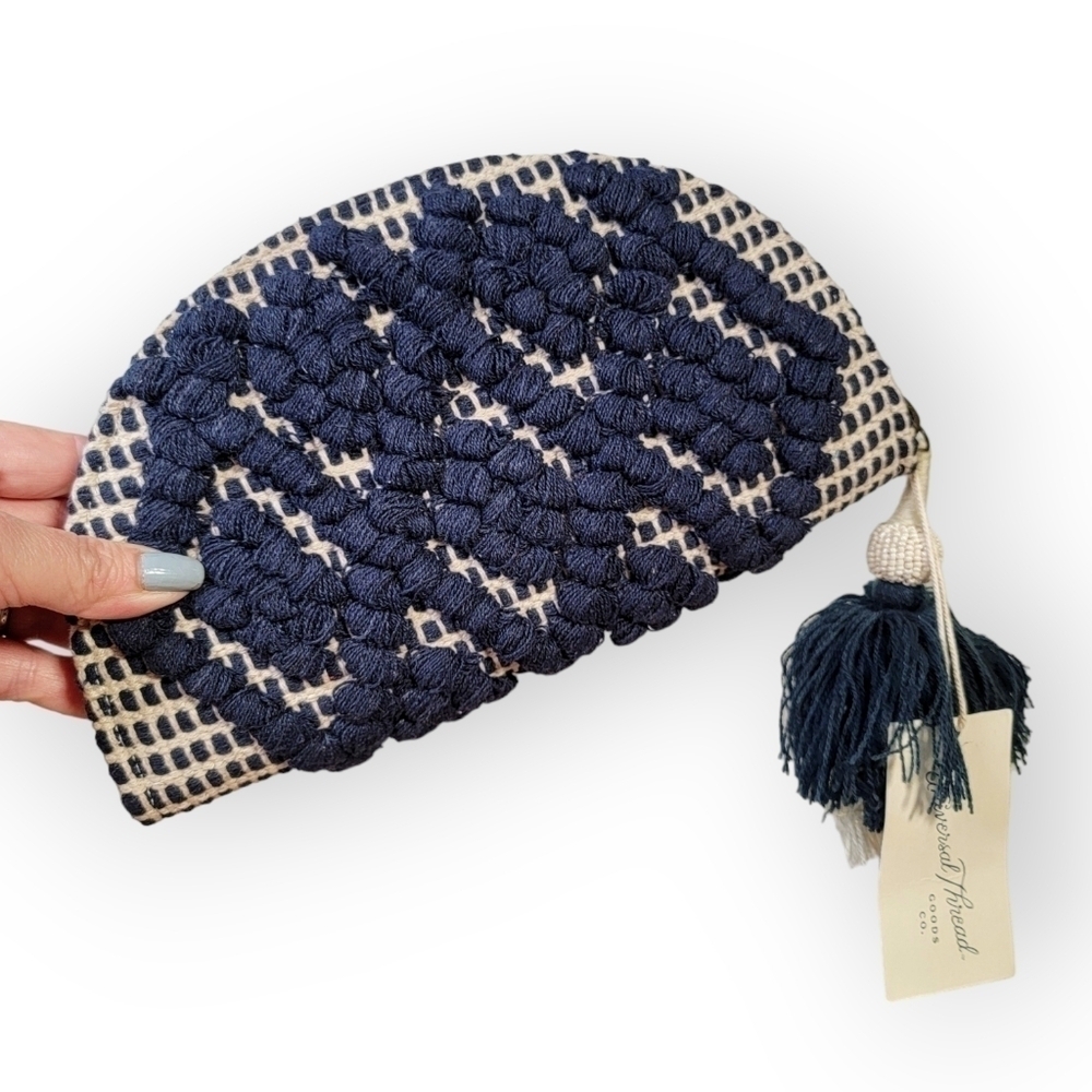 Universal Thread Blue Embroidered Boho Clutch with Beaded Tassel